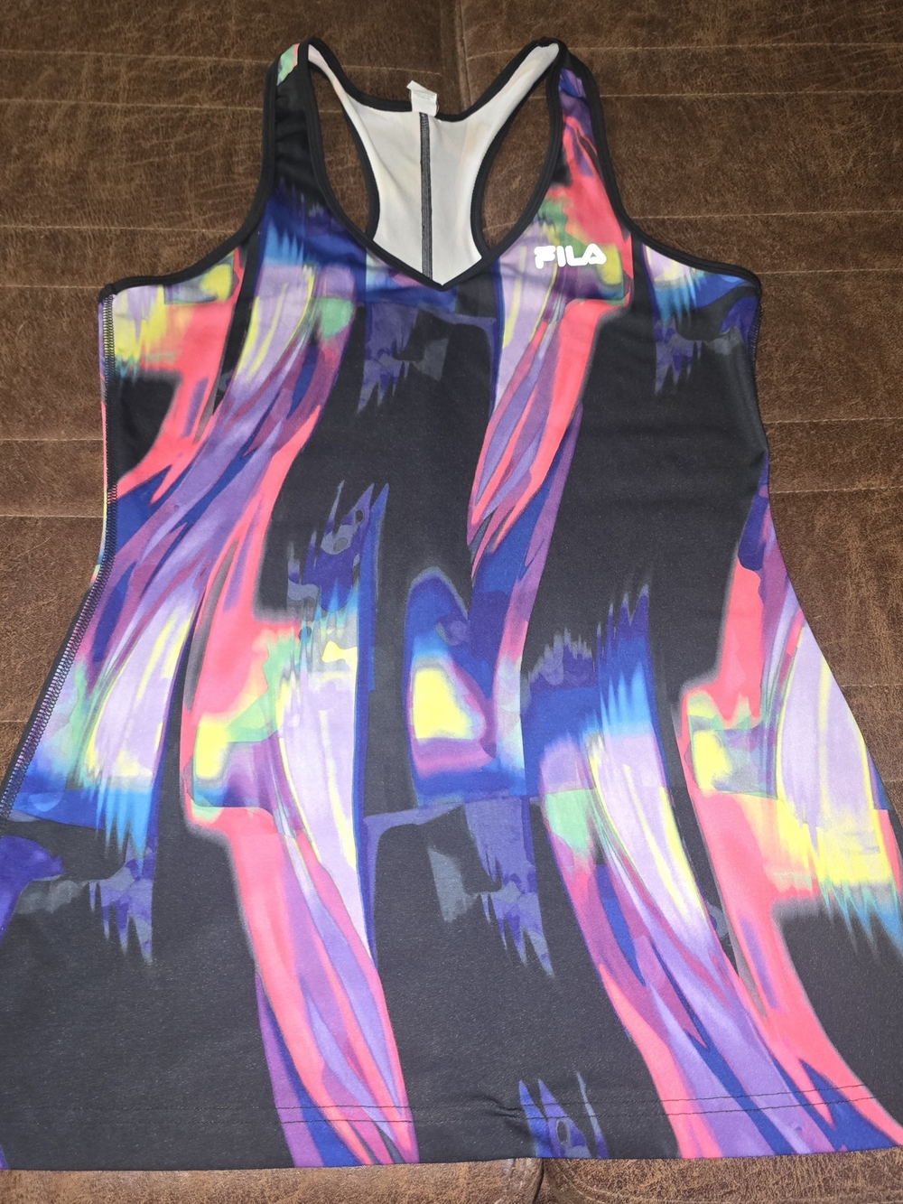 FILA Black Racerback Tank with Neon Multicolor Brushprint